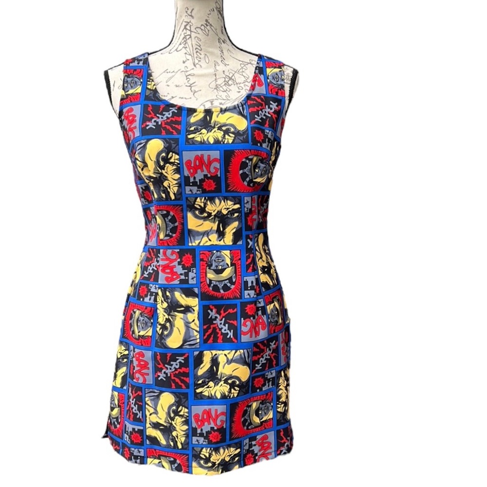 Vintage 90s RDS Comic Book Print Mini fitted Dress made in USA size 7/8